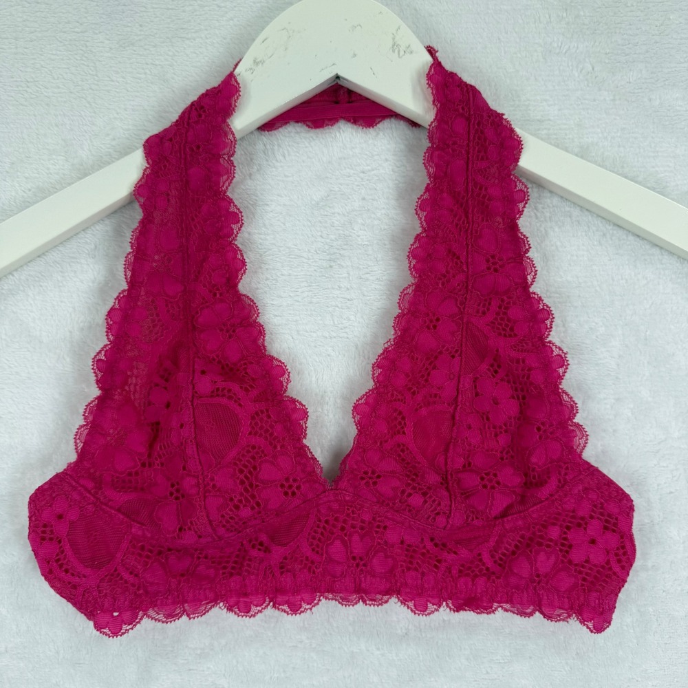 Intimately Free People Pink Lace Halter Bralette Bra‎ XS Hot Pink Floral Boho